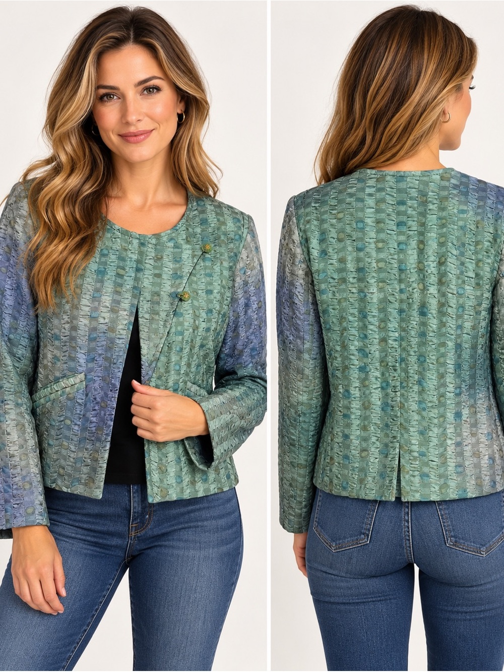 TITLE:

BRACCI Pamela Bracci Hand Painted Silk Art to Wear Jacket Green Blue S